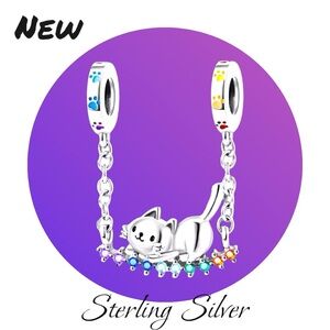 New 925 Sterling Silver Charm Cute Cat on Swing for Charm Bracelet